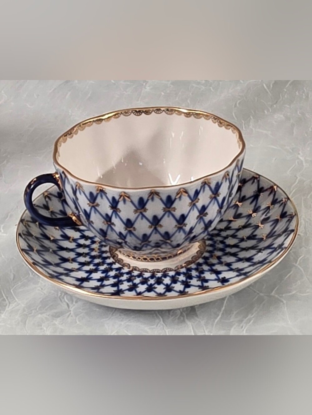 Lemonosov Imperial Porcelain Russian Cobalt Blue Porcelain Net Tea Cup Saucer